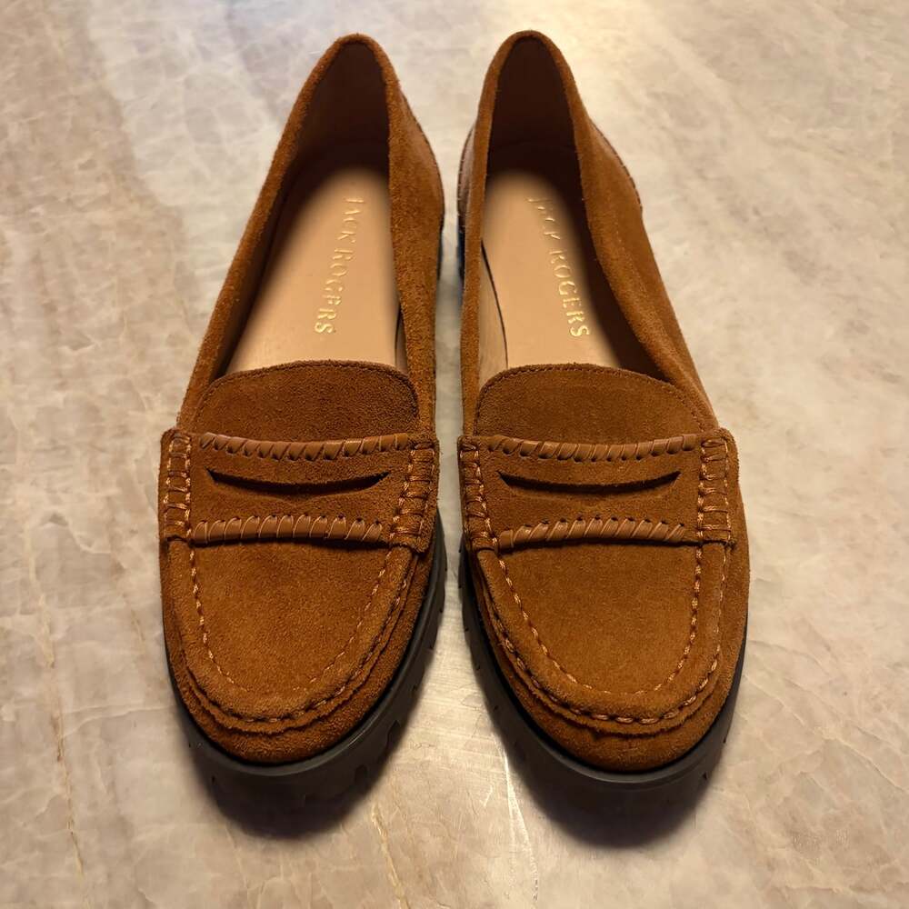 Jack Rogers Suede Penny Loafers Women’s 7M Brown Lug Sole Preppy Shoes